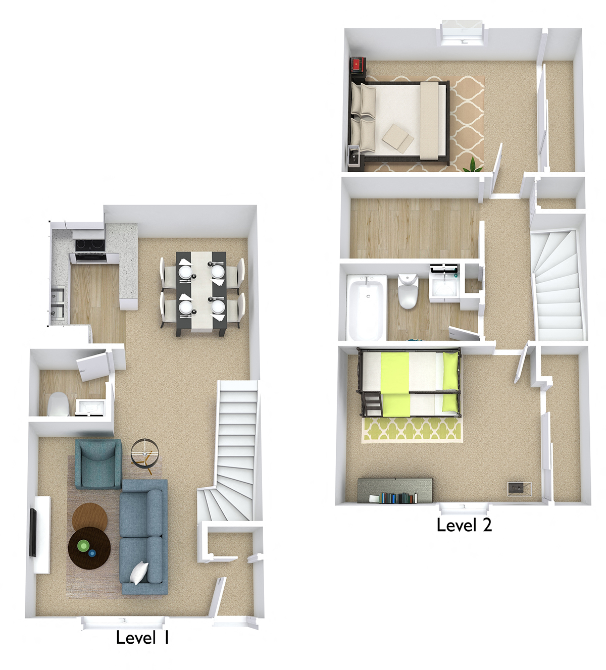 Floor plan for 2 beds, 1.5 baths, 1015 sqft
